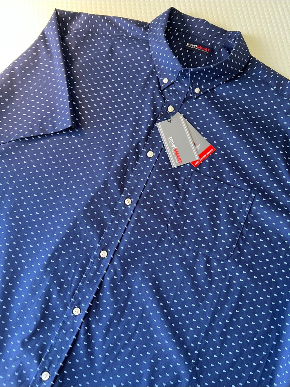 Travel Smart Roundtree & Yorke Men's Shirt Sz 3XB Navy Ditsy Print Lt Blue NEW